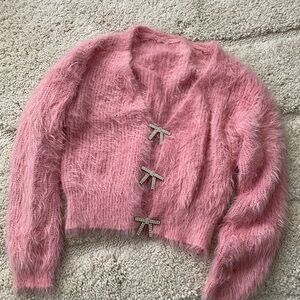 Chic Pink Mohair Cardigan with Rhinestone Bow Details